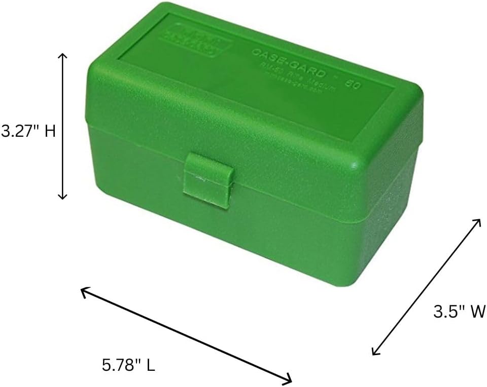 MTM Case-Gard RM-50-10 Flip-Top Rifle Ammo Box. 50 Round. Green | Fits 220 Swift 243 308 Win 6.5 Creedmoor 6.8x51. Includes Load Labels. Durable. Compact. Snap Lock Latch. Stackable. USA Made