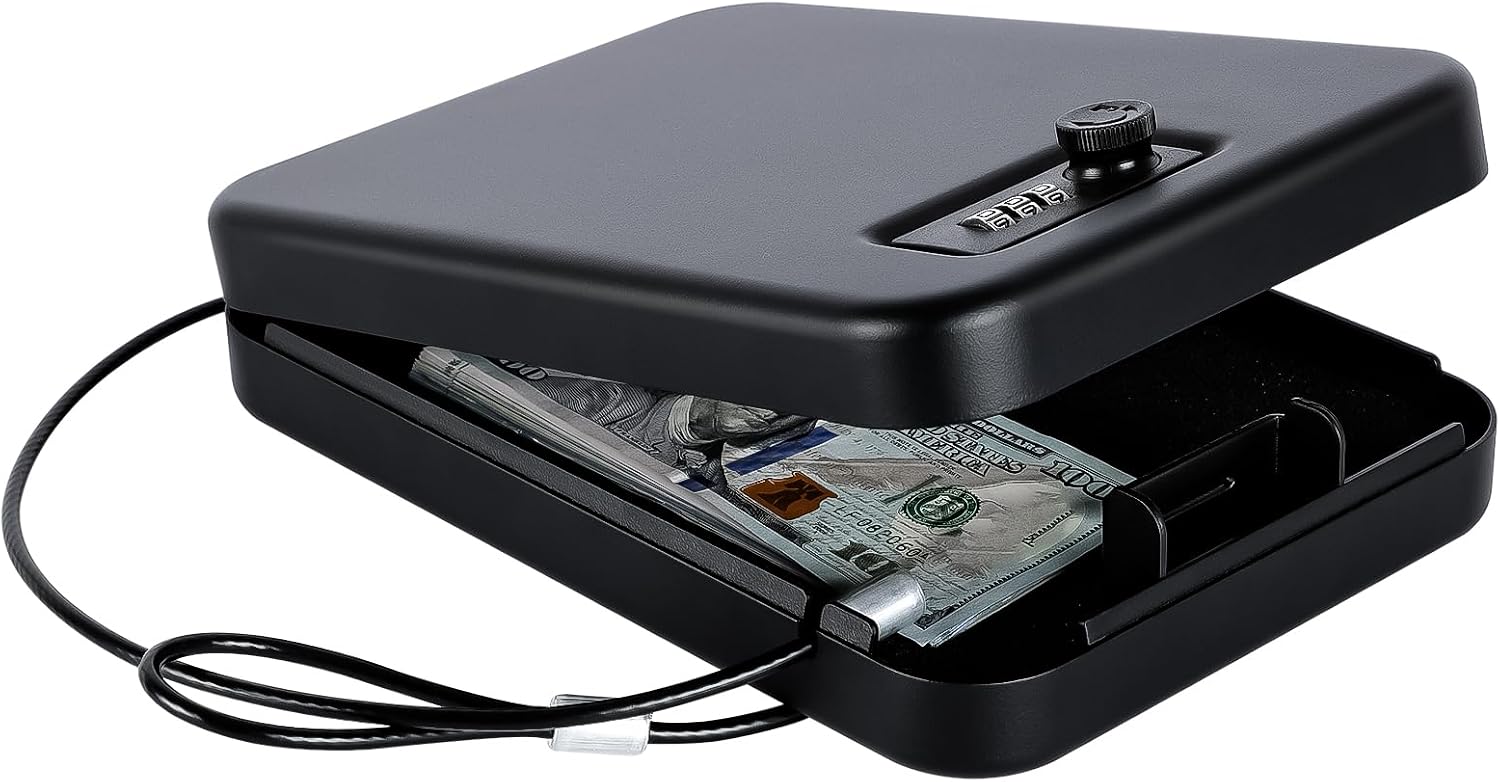Dalmbox Compact Portable Handgun Pistol Gun Safe Lock Box for Car & Travel | Secures handgun storage. combination-lock access. steel build. small 9.4 x 6.4 x 1.8. for car. home. travel. gun owners