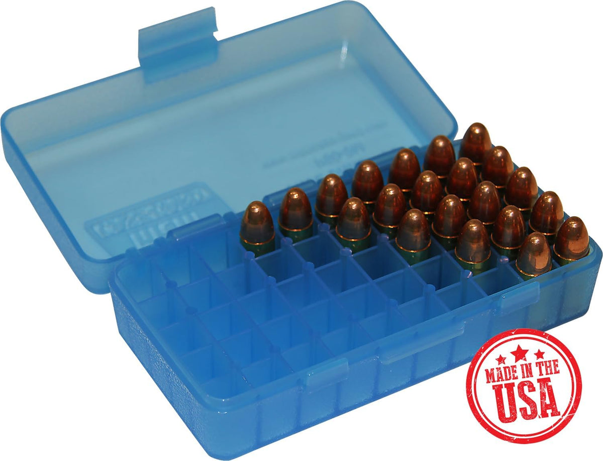 MTM 380/9MM Cal 50 Round Flip-Top Ammo Box. Clear Blue