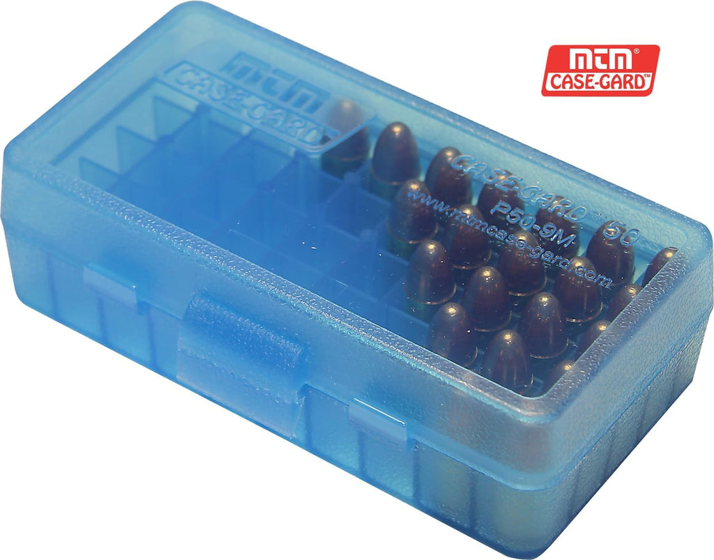 MTM 380/9MM Cal 50 Round Flip-Top Ammo Box. Clear Blue