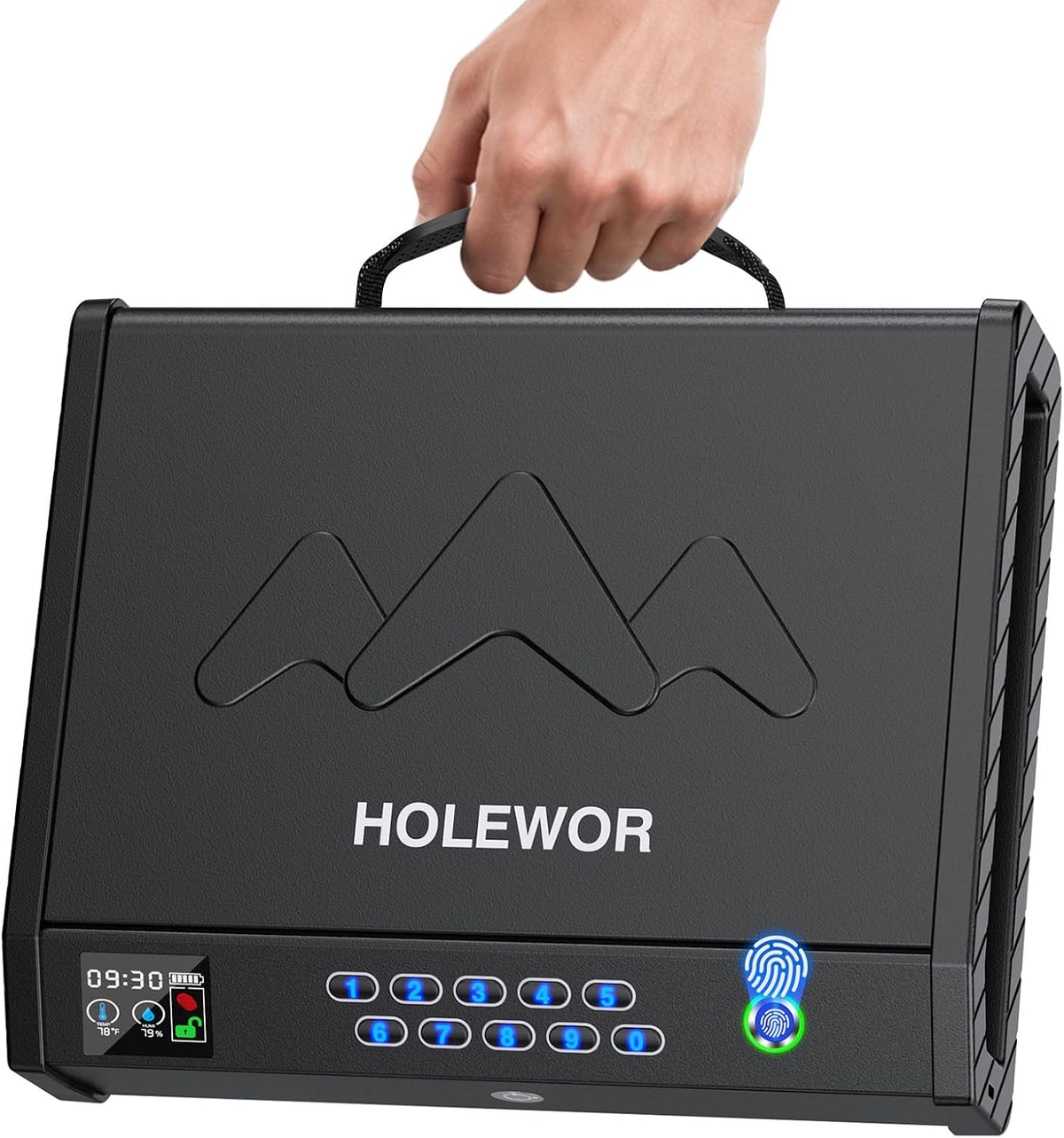 Handheld Portable Biometric Gun Safe for Handgun 3 Ways of Access | Fingerprint Pistol Safe Quick Access with LCD Temperature Humidity for Bedside. Travel. Car. Fit 2 Handguns