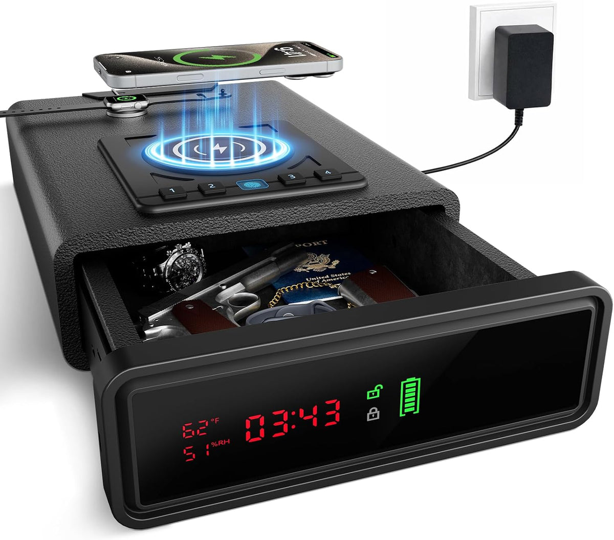 XDeer Biometric Gun Safe for Handgun with Wireless Charging. Quick Access Fingerprint Gun Safes. Bedside Pistol Case. 7/24 Digital Alarm Clock Small safe 1PCS