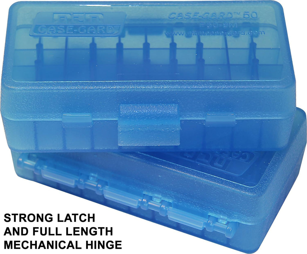 MTM 380/9MM Cal 50 Round Flip-Top Ammo Box. Clear Blue