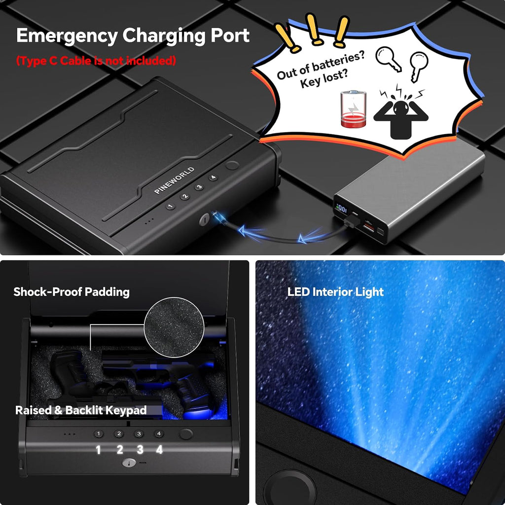 PINEWORLD Biometric Fingerprint Handgun Safe with Raised Backlit Keypad&Key | Interior Light & Emergency Power Supply& Voice Navigation & Mute Mode. With Cable For Home. Nightstand. Car.Travel. Nice Gift