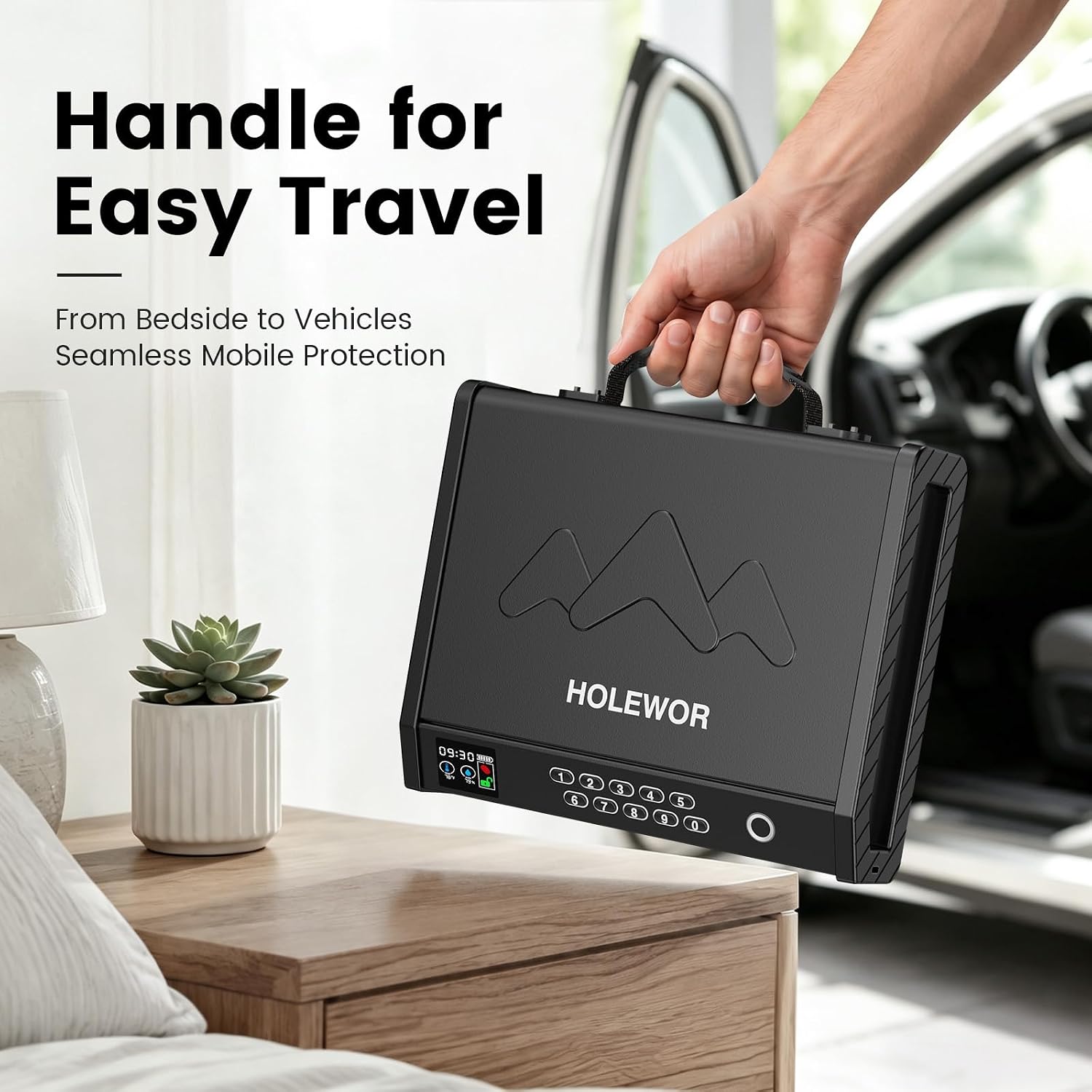 Handheld Portable Biometric Gun Safe for Handgun 3 Ways of Access | Fingerprint Pistol Safe Quick Access with LCD Temperature Humidity for Bedside. Travel. Car. Fit 2 Handguns