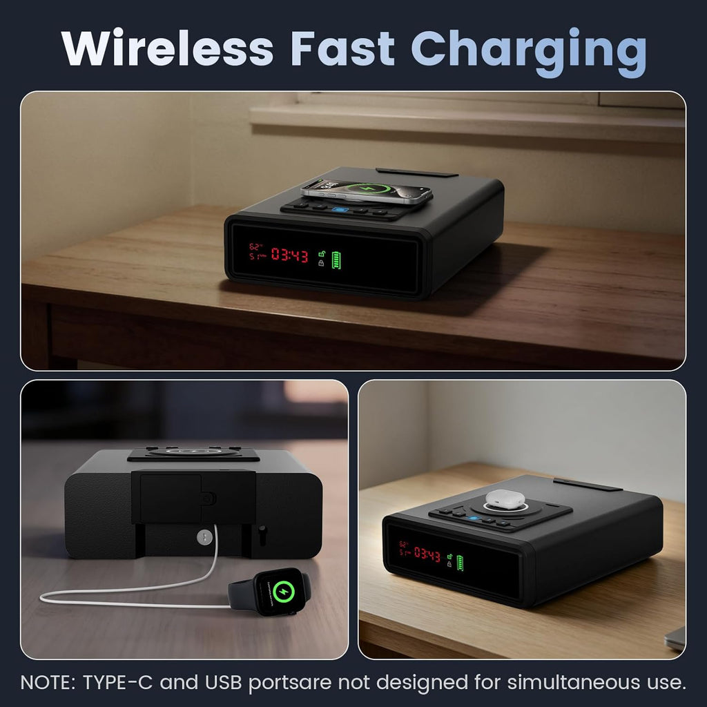 XDeer Biometric Gun Safe for Handgun with Wireless Charging. Quick Access Fingerprint Gun Safes. Bedside Pistol Case. 7/24 Digital Alarm Clock Small safe 1PCS