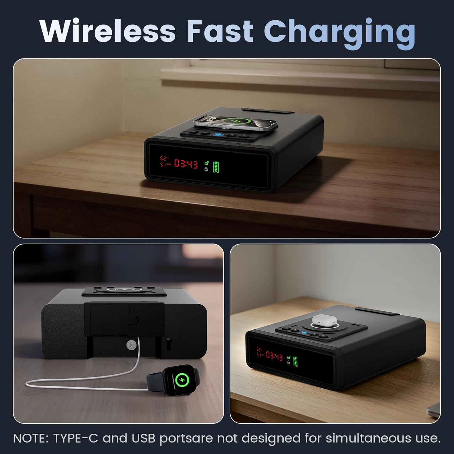 XDeer Biometric Gun Safe for Handgun with Wireless Charging. Quick Access Fingerprint Gun Safes. Bedside Pistol Case. 7/24 Digital Alarm Clock Small safe 1PCS