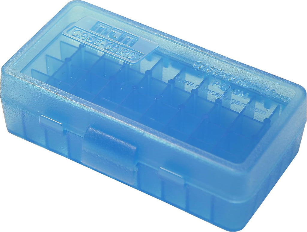 MTM 380/9MM Cal 50 Round Flip-Top Ammo Box. Clear Blue