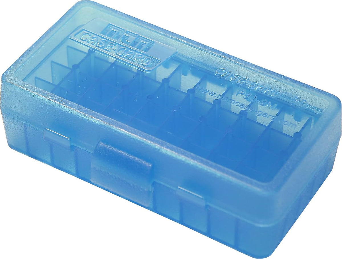 MTM 380/9MM Cal 50 Round Flip-Top Ammo Box. Clear Blue