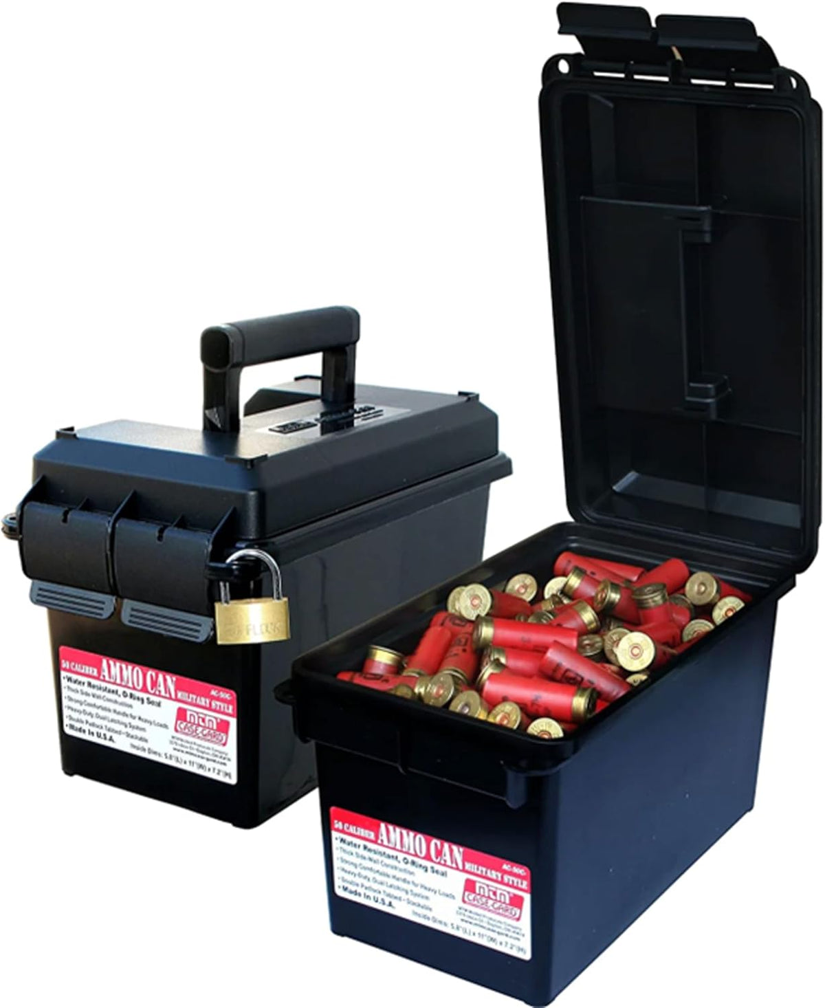 MTM AC50C-40 Ammo Can. 50-Caliber. Heavy-Duty Dual Latching System. Rugged Polypropylene Plastic. O-Ring Seal System. Water Resistant. Bulk Ammo Storage. USA Made. Black