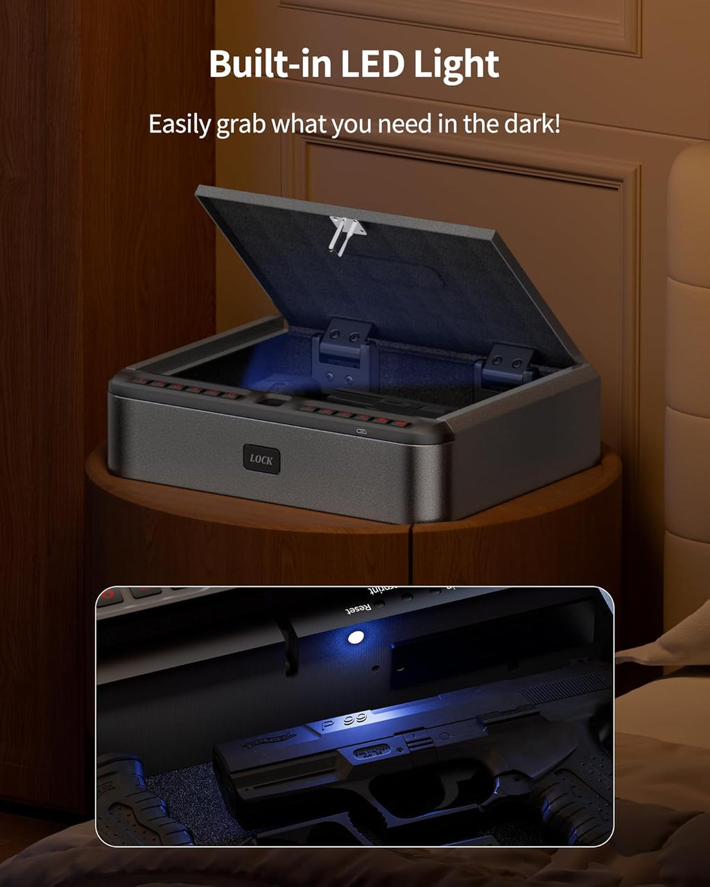 BILLCONCH Gun Safe for Handgun with Fingerprint. App. 0–9 Numeric Keypad | Smart Pistol Safe with 4 Quick-Access Methods. Built-in LED Light. Ideal Steel Biometric Handgun Safe for Nightstand and Home