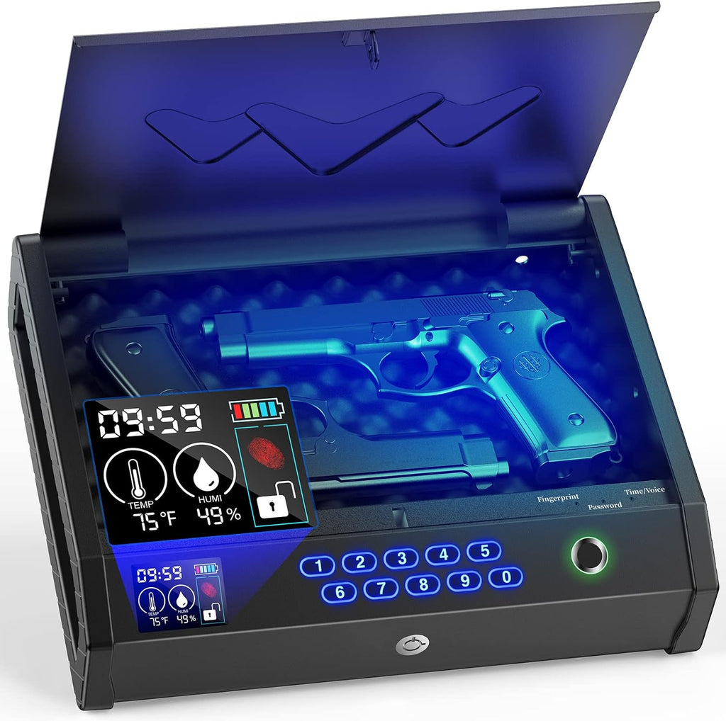 Handheld Portable Biometric Gun Safe for Handgun 3 Ways of Access | Fingerprint Pistol Safe Quick Access with LCD Temperature Humidity for Bedside. Travel. Car. Fit 2 Handguns
