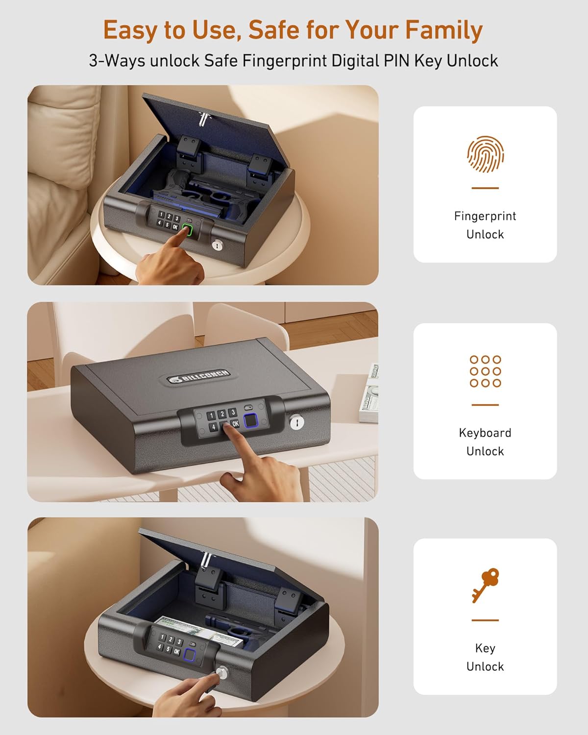 BILLCONCH Gun Safe.Biometric Fingerprint Gun Safe for Handgun Pistol Safes | Fingerprint PIN Key Unlock. Interior Light and USB Charging Lock box with Silent Mode for Bedroom Nightstand