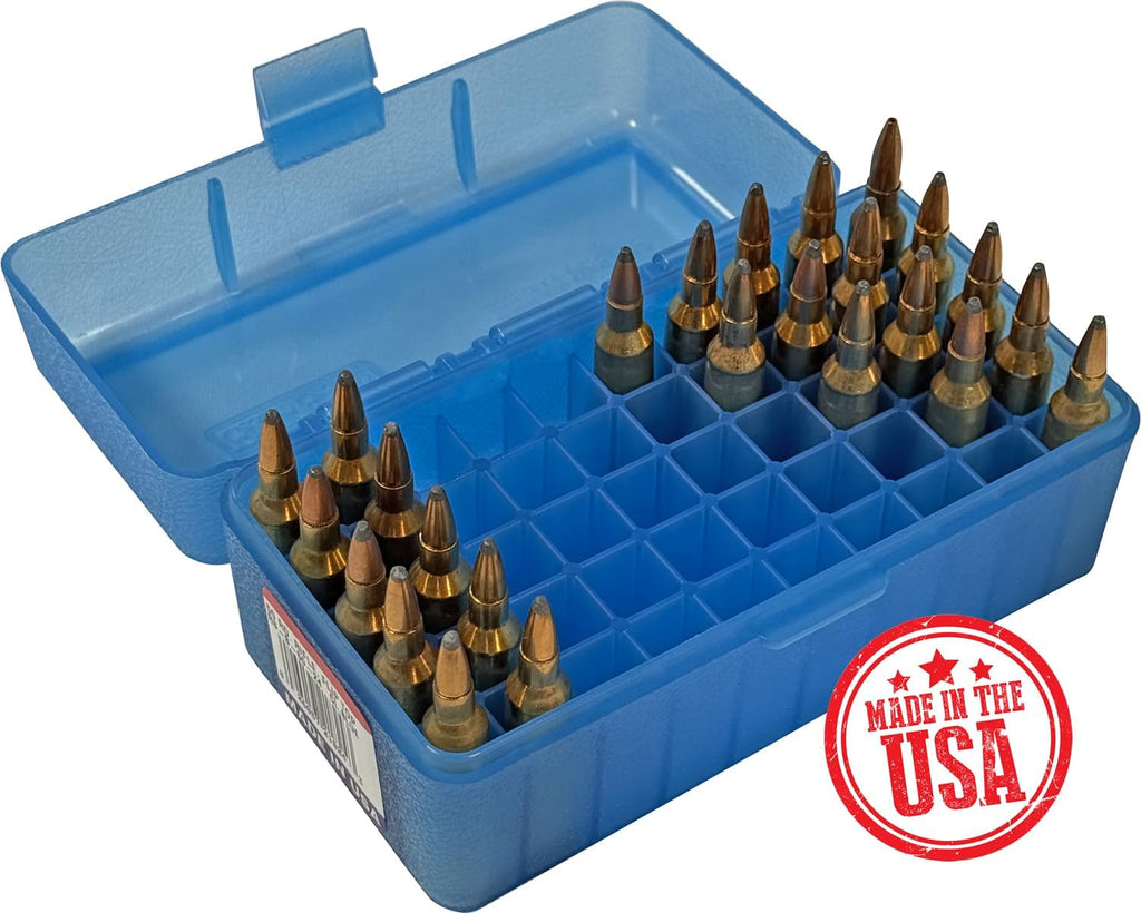 MTM Case-Gard RS-S-50-24 Rifle Ammo Box. 50 Round. 22-250 6.5 Grendel 22 ARC 6mm PPC 7.62 x 39 Rus. USA Made. Clear Blue