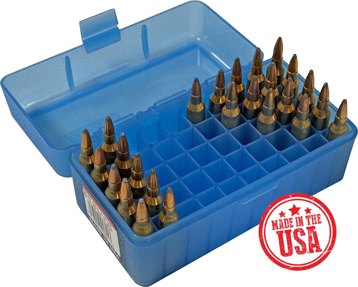 MTM Case-Gard RS-S-50-24 Rifle Ammo Box. 50 Round. 22-250 6.5 Grendel 22 ARC 6mm PPC 7.62 x 39 Rus. USA Made. Clear Blue