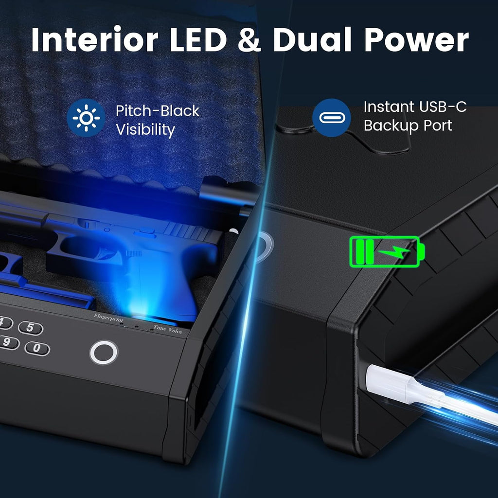 Handheld Portable Biometric Gun Safe for Handgun 3 Ways of Access | Fingerprint Pistol Safe Quick Access with LCD Temperature Humidity for Bedside. Travel. Car. Fit 2 Handguns
