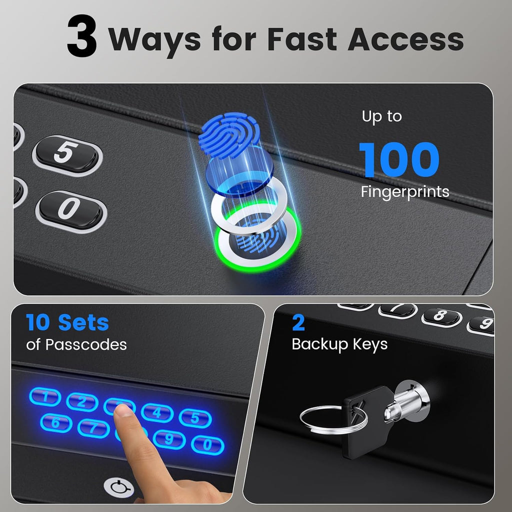 Handheld Portable Biometric Gun Safe for Handgun 3 Ways of Access | Fingerprint Pistol Safe Quick Access with LCD Temperature Humidity for Bedside. Travel. Car. Fit 2 Handguns