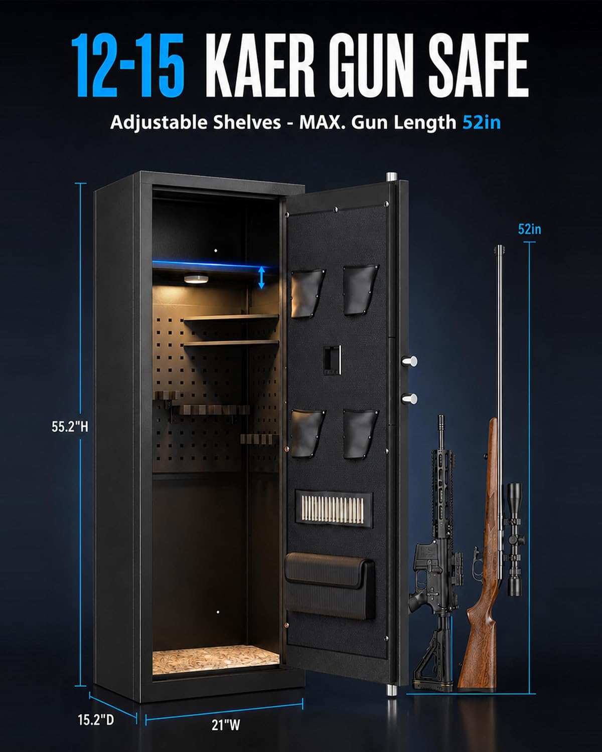KAER Biometric Gun Safe for Rifles and Pistols. 12-15 Rifle Safe Quick Access (Fits Scoped Rifles) with 24/7 Burglar Alarm. Adjustable Shelves & Pistol Pockets. Gun Cabinet for Home. Office