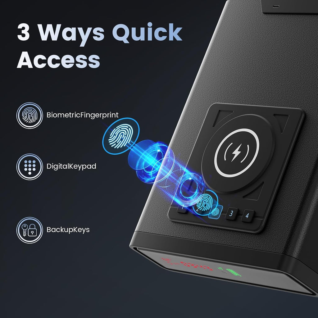 XDeer Biometric Gun Safe for Handgun with Wireless Charging. Quick Access Fingerprint Gun Safes. Bedside Pistol Case. 7/24 Digital Alarm Clock Small safe 1PCS