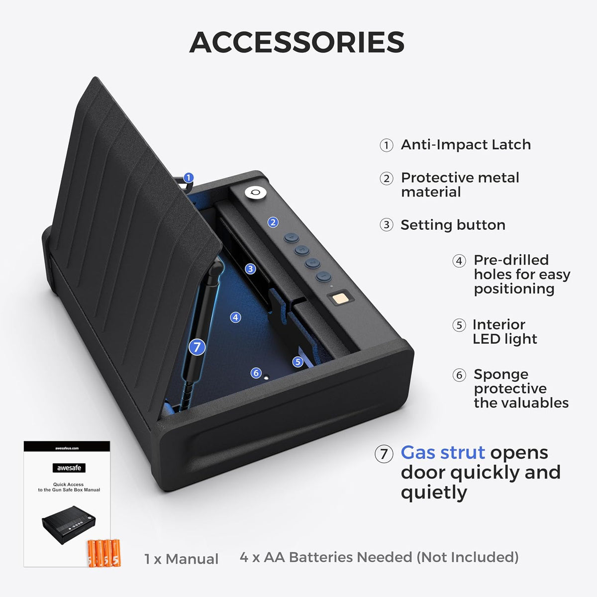 awesafe Biometric Gun Safe. Pistol Safe with Fingerprint Digital PIN Key | Quick Access Handgun Safe. Portable Car Gun Safe. Gun Lock Box with Gas Strut for Nightstand Bedside Cloakroom Living Room