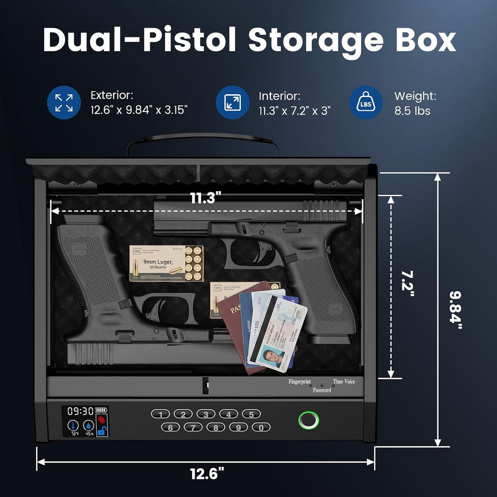 Handheld Portable Biometric Gun Safe for Handgun 3 Ways of Access | Fingerprint Pistol Safe Quick Access with LCD Temperature Humidity for Bedside. Travel. Car. Fit 2 Handguns