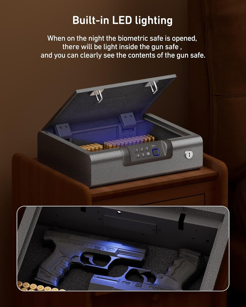 BILLCONCH Large Gun Safe Biometric Fingerprint Handgun Pistol Safes | Fingerprint PIN Key Unlock. Interior Light and USB Charging Lock box with Silent Mode for Bedroom Nightstand