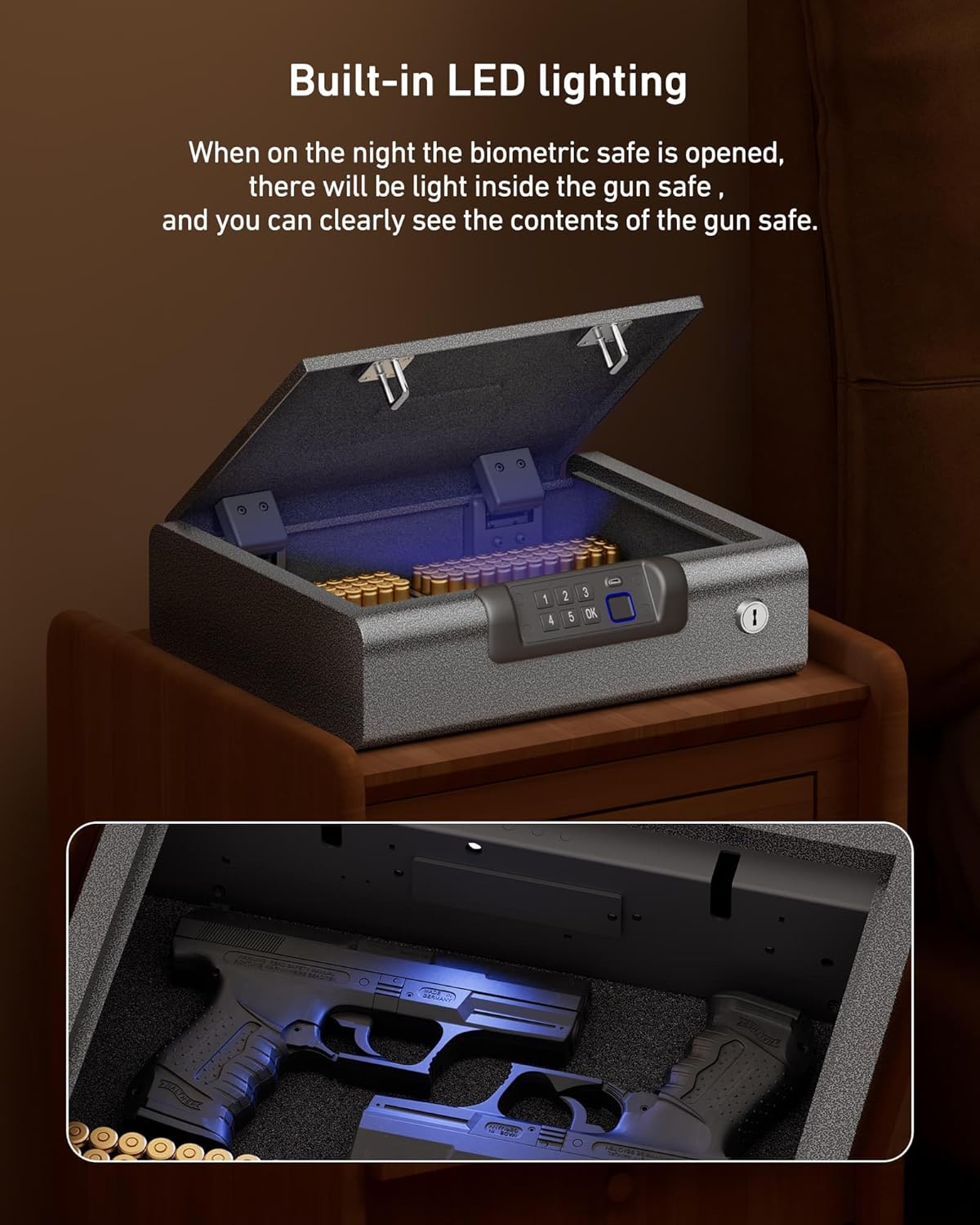 BILLCONCH Large Gun Safe Biometric Fingerprint Handgun Pistol Safes | Fingerprint PIN Key Unlock. Interior Light and USB Charging Lock box with Silent Mode for Bedroom Nightstand