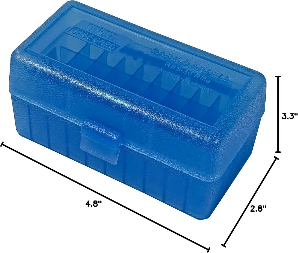 MTM Case-Gard RS-S-50-24 Rifle Ammo Box. 50 Round. 22-250 6.5 Grendel 22 ARC 6mm PPC 7.62 x 39 Rus. USA Made. Clear Blue