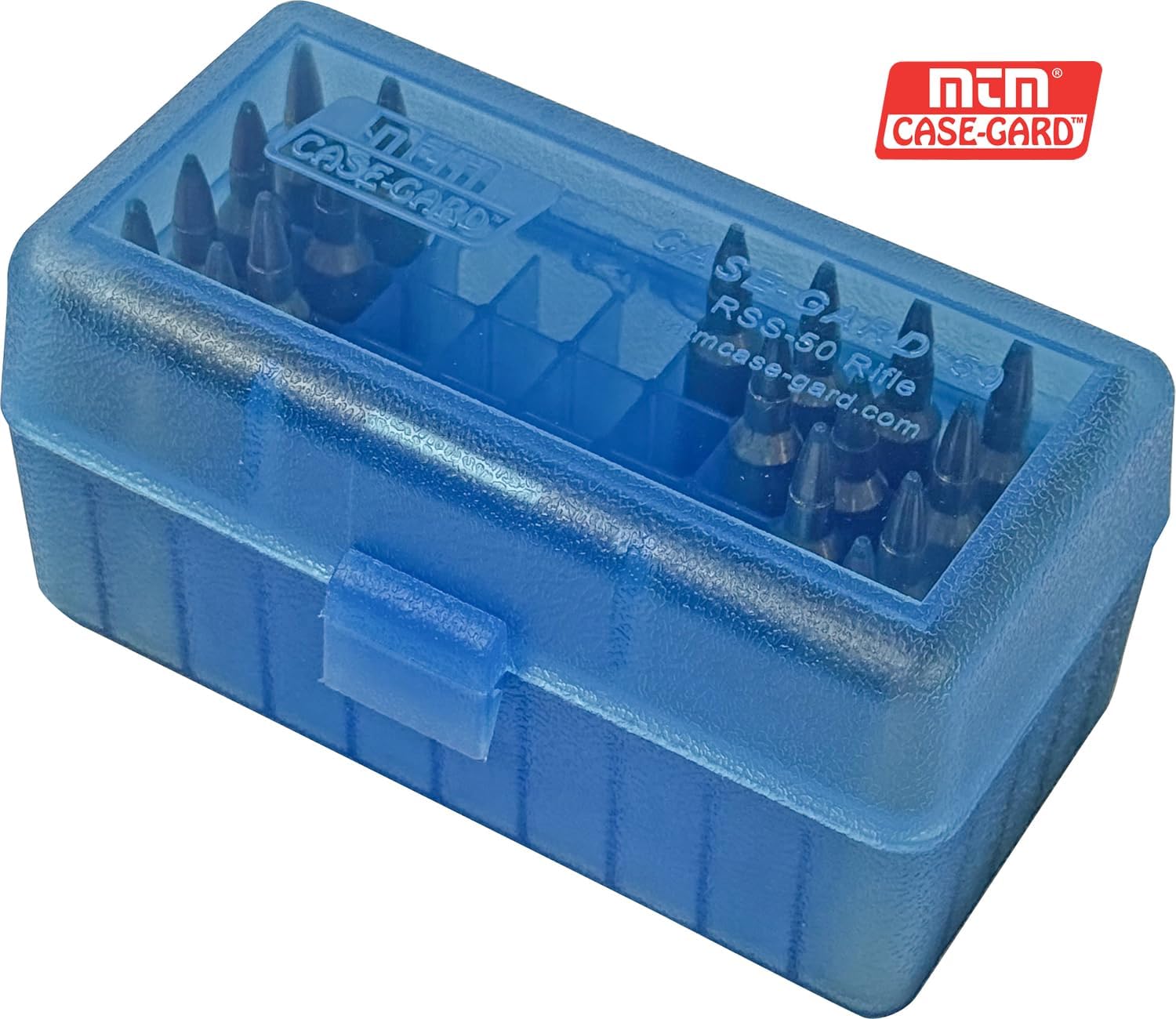 MTM Case-Gard RS-S-50-24 Rifle Ammo Box. 50 Round. 22-250 6.5 Grendel 22 ARC 6mm PPC 7.62 x 39 Rus. USA Made. Clear Blue