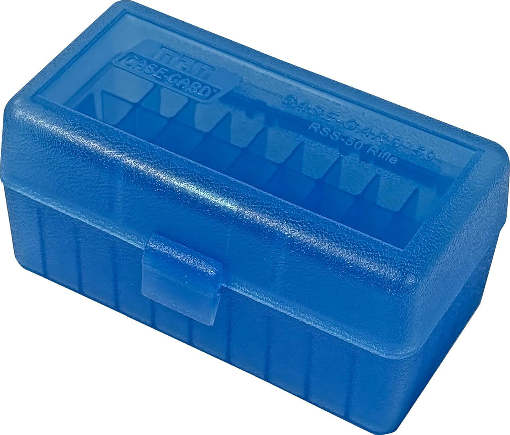 MTM Case-Gard RS-S-50-24 Rifle Ammo Box. 50 Round. 22-250 6.5 Grendel 22 ARC 6mm PPC 7.62 x 39 Rus. USA Made. Clear Blue