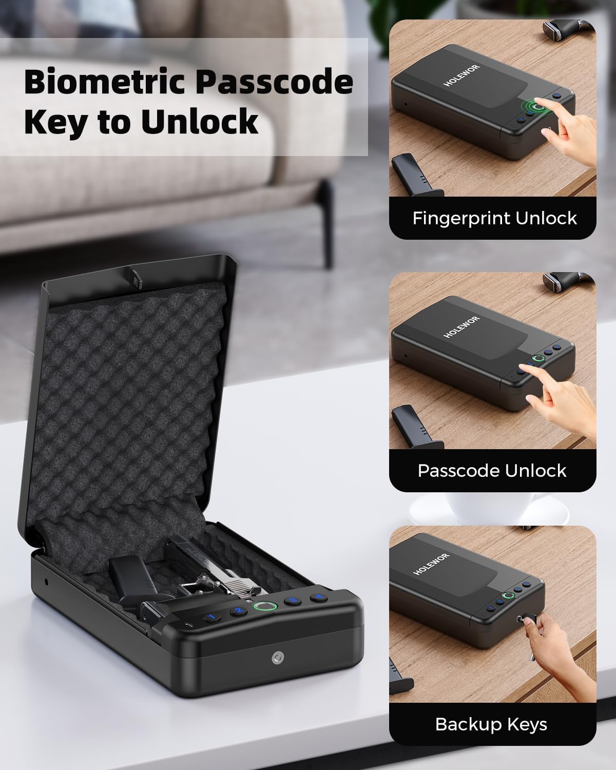 Car Gun Safe Small Portable Biometric Handgun Lock Box for Travel | 3 Ways Quick Access Fingerprint Compact Single Carrying Pistol Case for Vehicles Under Seat with Emergency USB C Power Supply