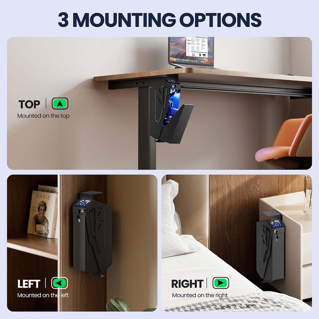 KornerBatl Quick Access Biometric Bedside Gun Safe for handgun | 2 in 1 Mounted Drop Down Nightstand Pistol Safe with Fingerprint & Passcode & Key 3 Ways. Birthday Gifts for Men