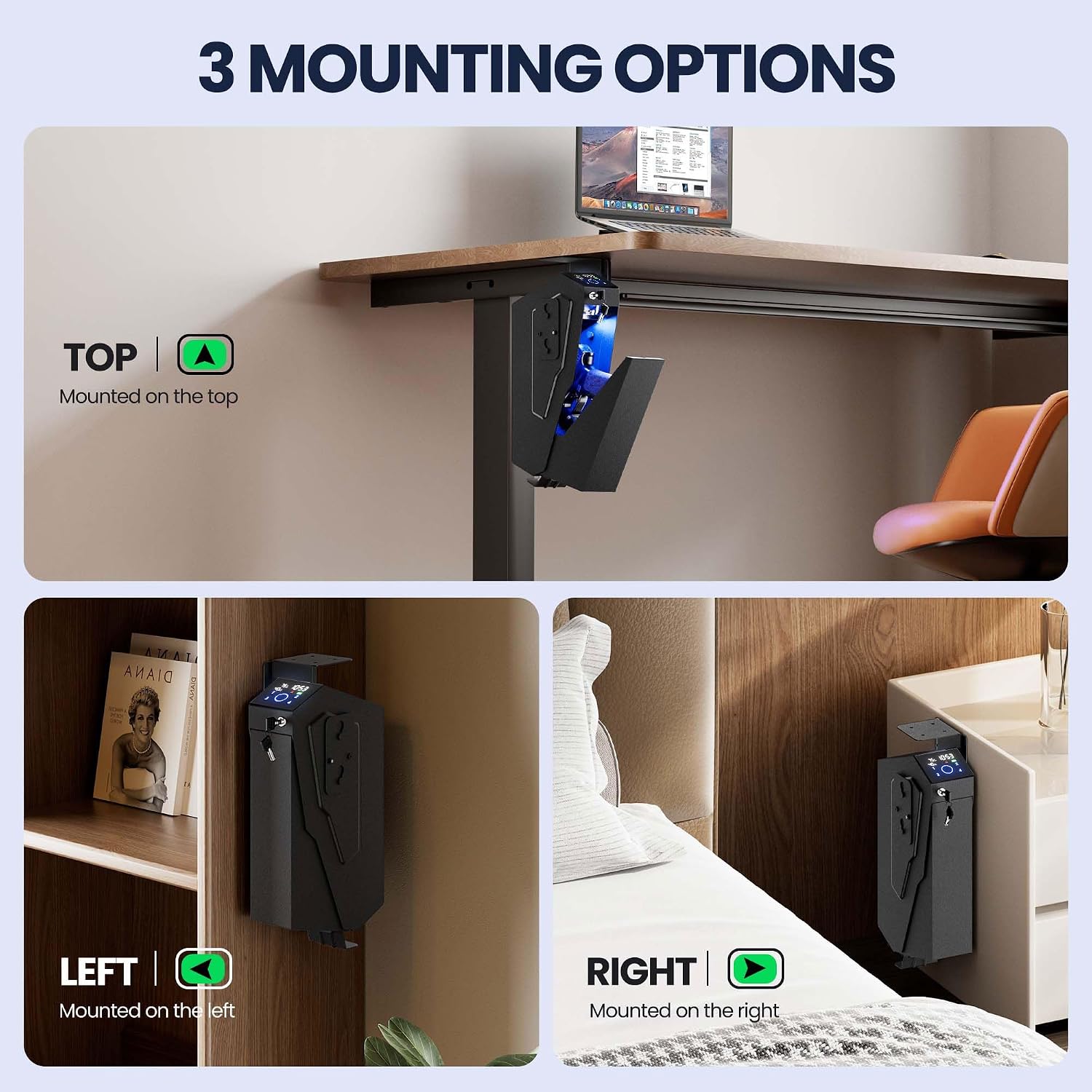KornerBatl Quick Access Biometric Bedside Gun Safe for handgun | 2 in 1 Mounted Drop Down Nightstand Pistol Safe with Fingerprint & Passcode & Key 3 Ways. Birthday Gifts for Men