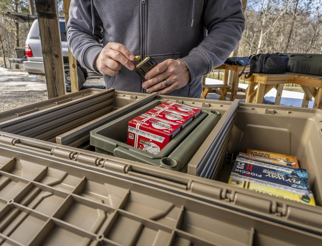 MTM ACDC50. Divided Ammo Crate Utility Box. Water Resistant. Ammo Storage Box. Lockable Storage Keeping Ammo Safe. Survival or Hunting Gear. Made in USA. Dark Earth