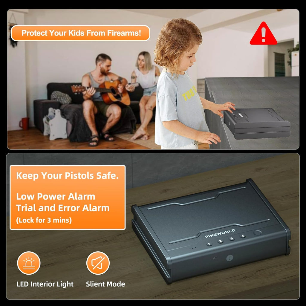 PINEWORLD Biometric Fingerprint Handgun Safe with Raised Backlit Keypad&Key | Interior Light & Emergency Power Supply& Voice Navigation & Mute Mode. With Cable For Home. Nightstand. Car.Travel. Nice Gift