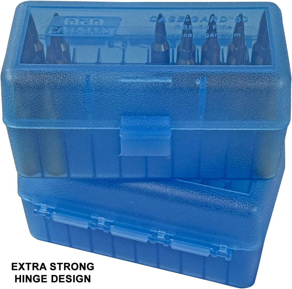 MTM Case-Gard RS-S-50-24 Rifle Ammo Box. 50 Round. 22-250 6.5 Grendel 22 ARC 6mm PPC 7.62 x 39 Rus. USA Made. Clear Blue