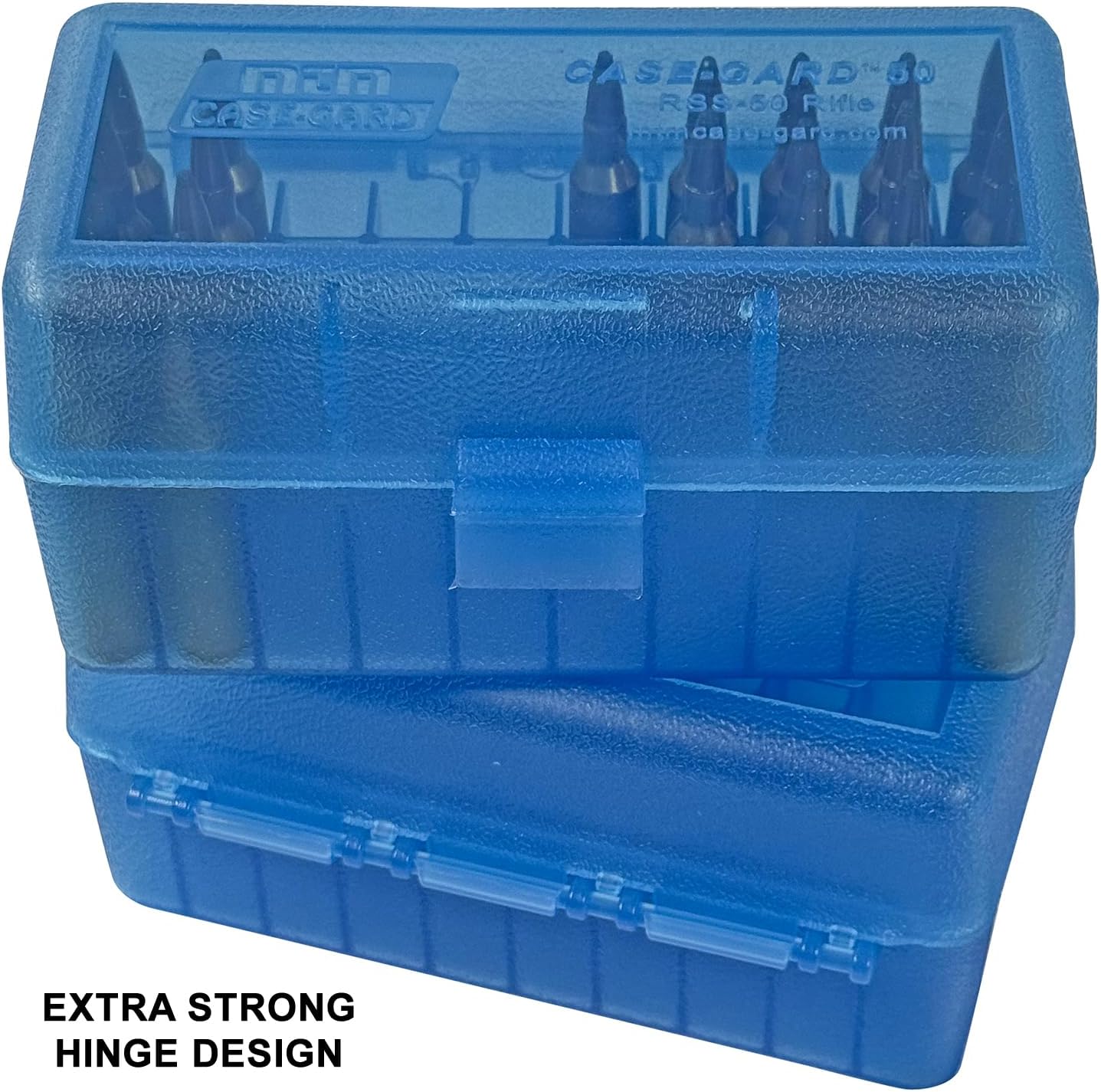 MTM Case-Gard RS-S-50-24 Rifle Ammo Box. 50 Round. 22-250 6.5 Grendel 22 ARC 6mm PPC 7.62 x 39 Rus. USA Made. Clear Blue