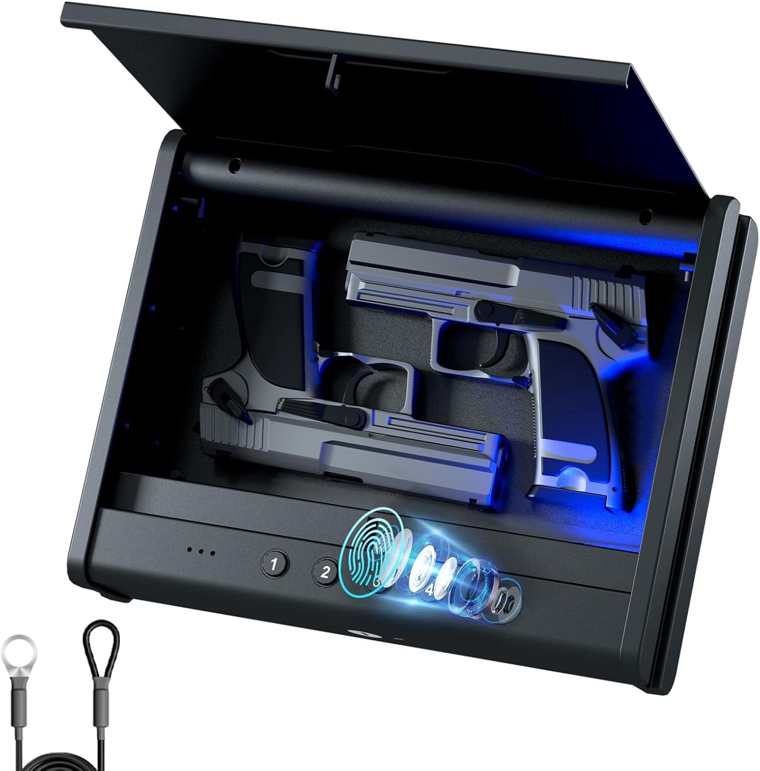 PINEWORLD Biometric Fingerprint Handgun Safe with Raised Backlit Keypad&Key | Interior Light & Emergency Power Supply& Voice Navigation & Mute Mode. With Cable For Home. Nightstand. Car.Travel. Nice Gift