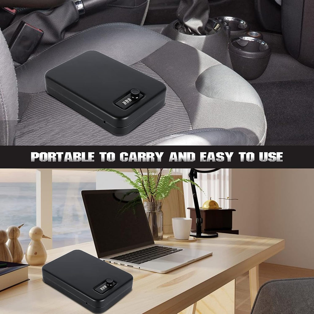 Dalmbox Compact Portable Handgun Pistol Gun Safe Lock Box for Car & Travel | Secures handgun storage. combination-lock access. steel build. small 9.4 x 6.4 x 1.8. for car. home. travel. gun owners