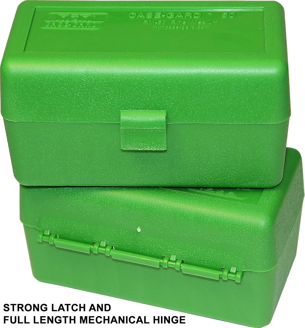 MTM Case-Gard RM-50-10 Flip-Top Rifle Ammo Box. 50 Round. Green | Fits 220 Swift 243 308 Win 6.5 Creedmoor 6.8x51. Includes Load Labels. Durable. Compact. Snap Lock Latch. Stackable. USA Made