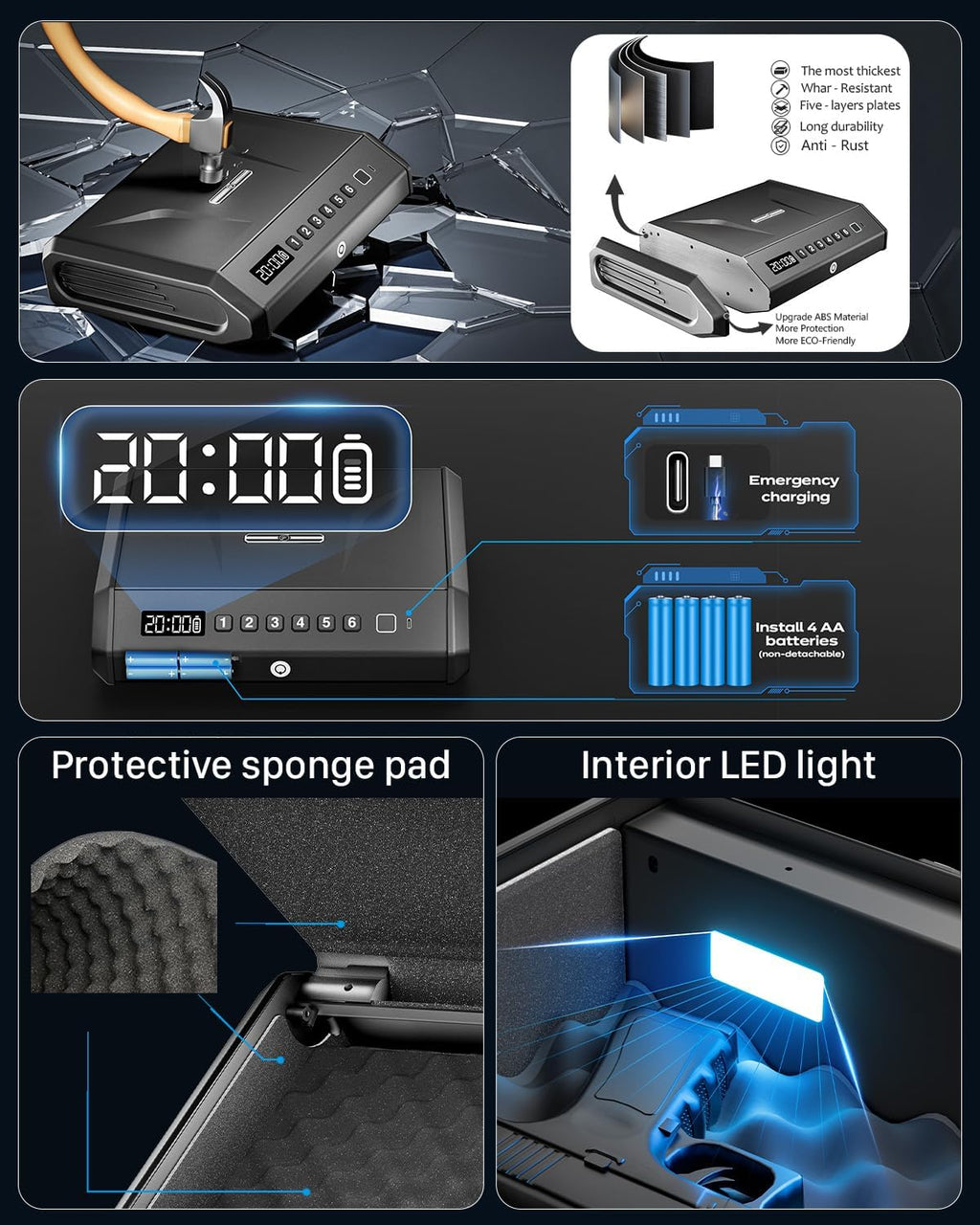 TOPMEDA Large Biometric Gun Safe for Pistols. 100 Sets of Fingerprint Handgun Safe with Internal Light & Silent Mode. Gun Lock Box for Home Bedroom Bedside Nightstand and Car. AA batteries