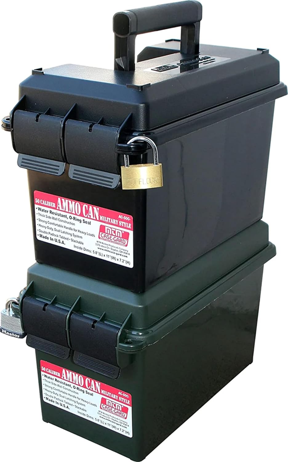 MTM AC50C-40 Ammo Can. 50-Caliber. Heavy-Duty Dual Latching System. Rugged Polypropylene Plastic. O-Ring Seal System. Water Resistant. Bulk Ammo Storage. USA Made. Black