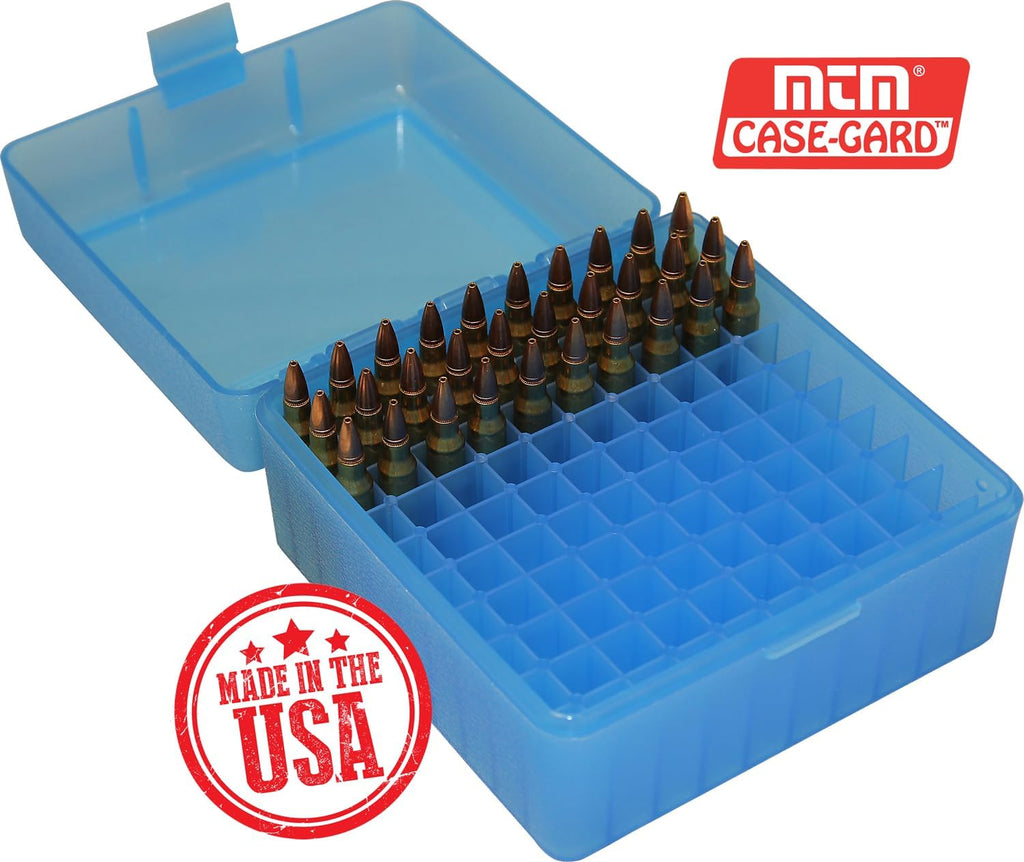 MTM 100 Round Rifle Ammo Box 17. 204. 223. 5.56x45. 6x47. Clear Blue