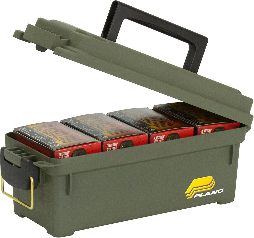 Plano Shot Shell Box. OD Green. Lockable Ammunition Storage Box with Heavy-Duty Carry Handle. Small Plastic Ammo Storage. Water-Resistant Protection. Holds 4 Boxes of Ammo