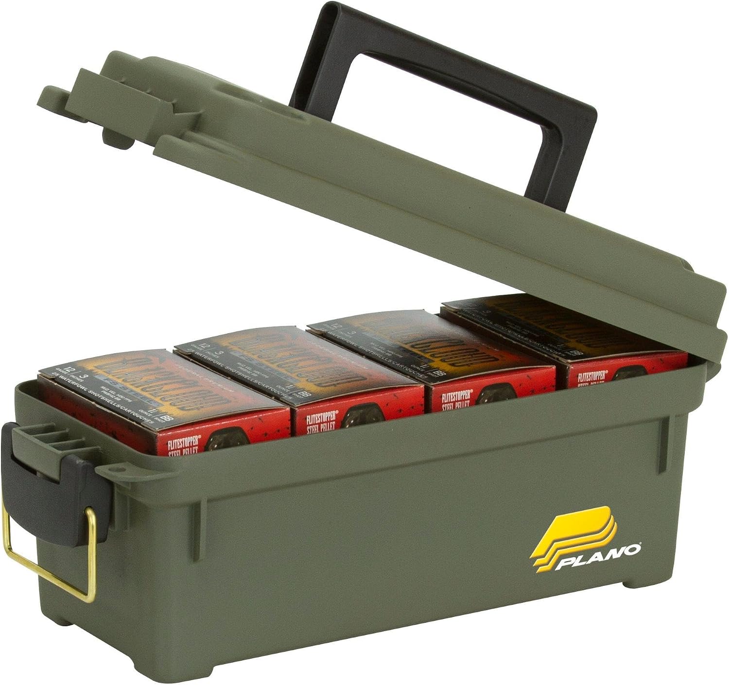 Plano Shot Shell Box. OD Green. Lockable Ammunition Storage Box with Heavy-Duty Carry Handle. Small Plastic Ammo Storage. Water-Resistant Protection. Holds 4 Boxes of Ammo