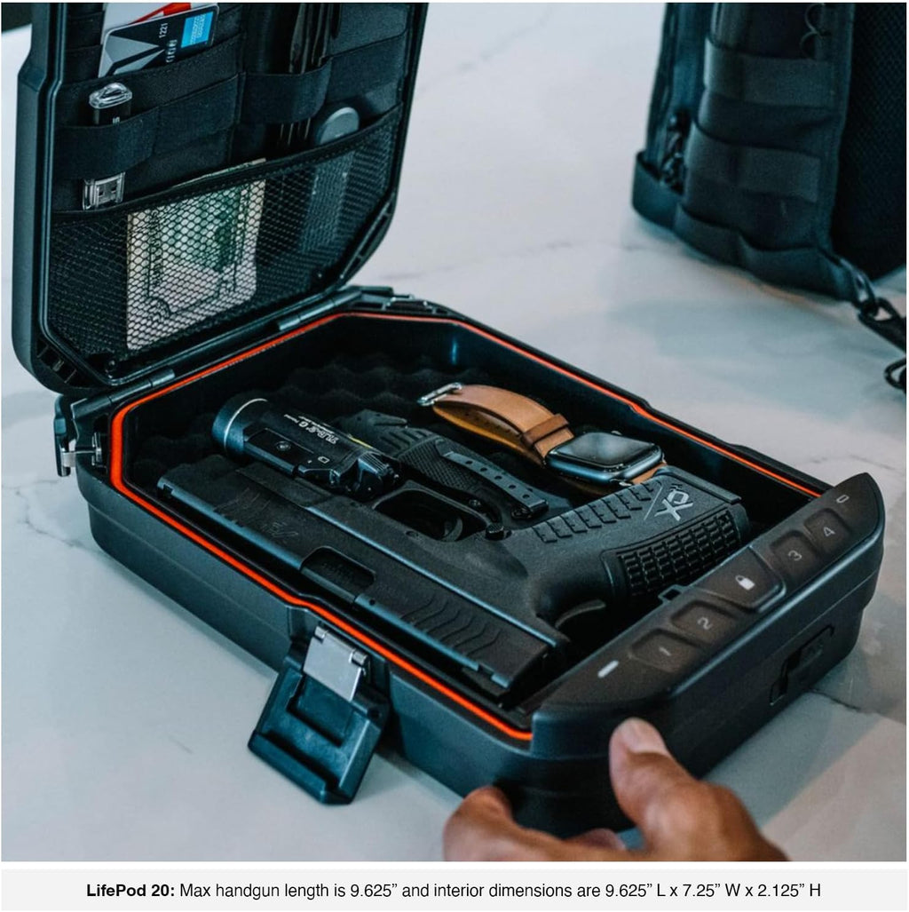 VAULTEK LifePod 20 Full-Size Biometric Lockable Weatherproof Case with Built-in Lock. Steel Security Cable. & TSA Handgun Case or Car Safe. Portable Travel Pistol Safe/Covert Black/Biometric