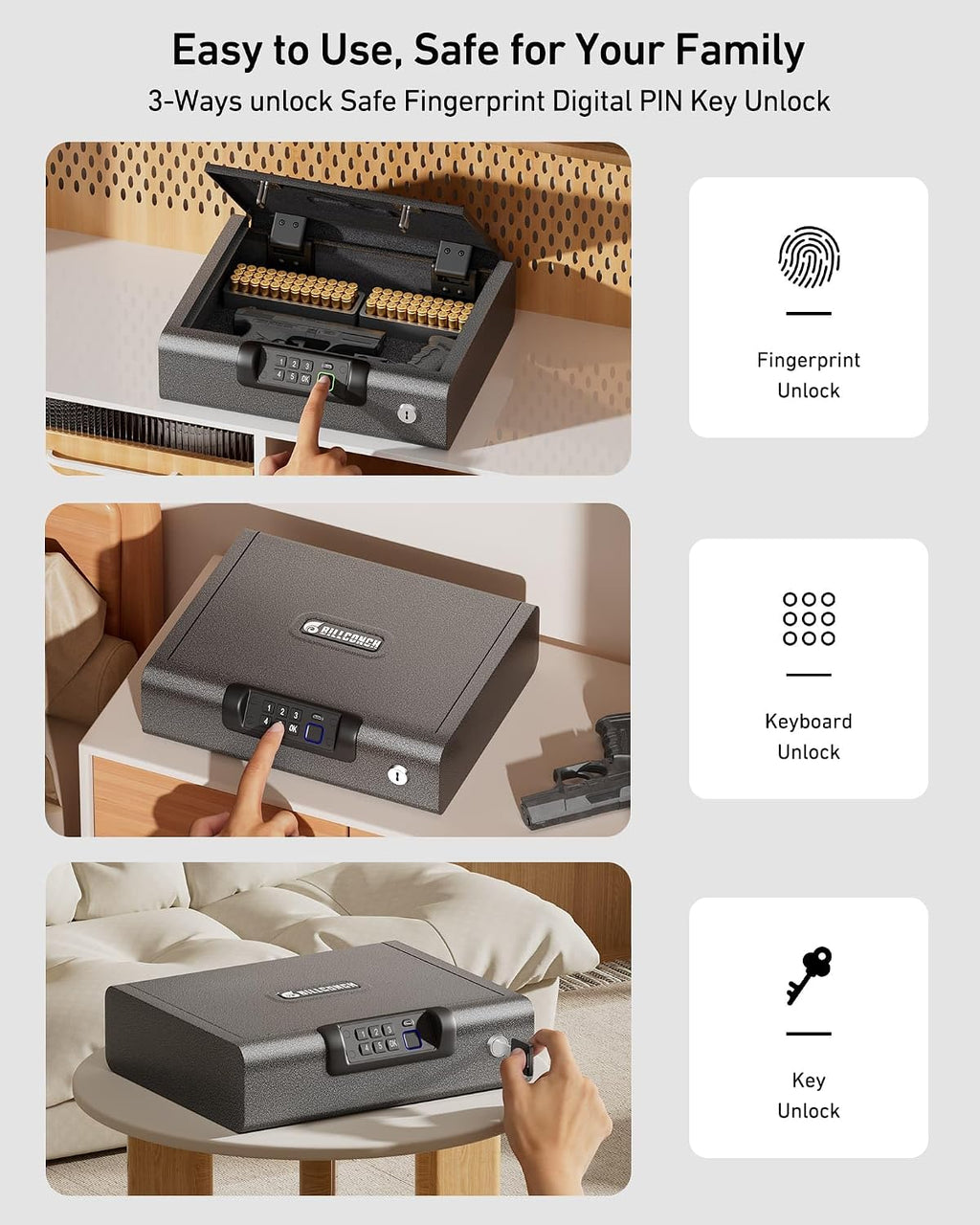 BILLCONCH Large Gun Safe Biometric Fingerprint Handgun Pistol Safes | Fingerprint PIN Key Unlock. Interior Light and USB Charging Lock box with Silent Mode for Bedroom Nightstand