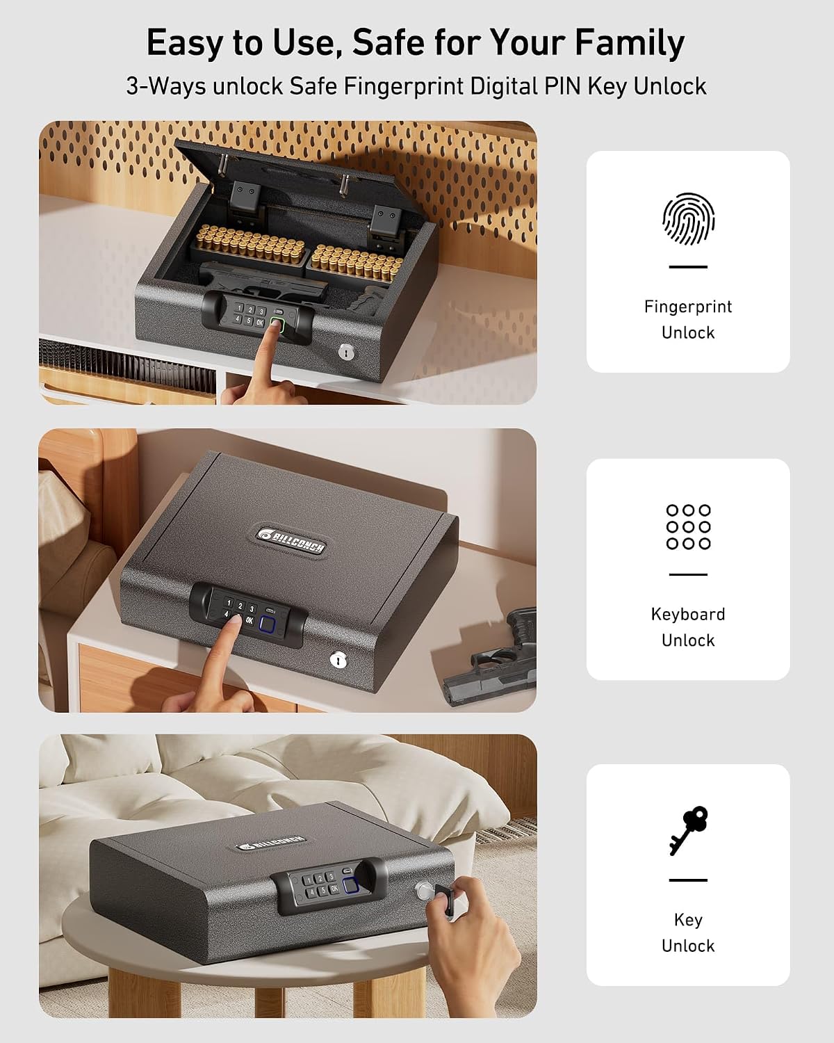 BILLCONCH Large Gun Safe Biometric Fingerprint Handgun Pistol Safes | Fingerprint PIN Key Unlock. Interior Light and USB Charging Lock box with Silent Mode for Bedroom Nightstand