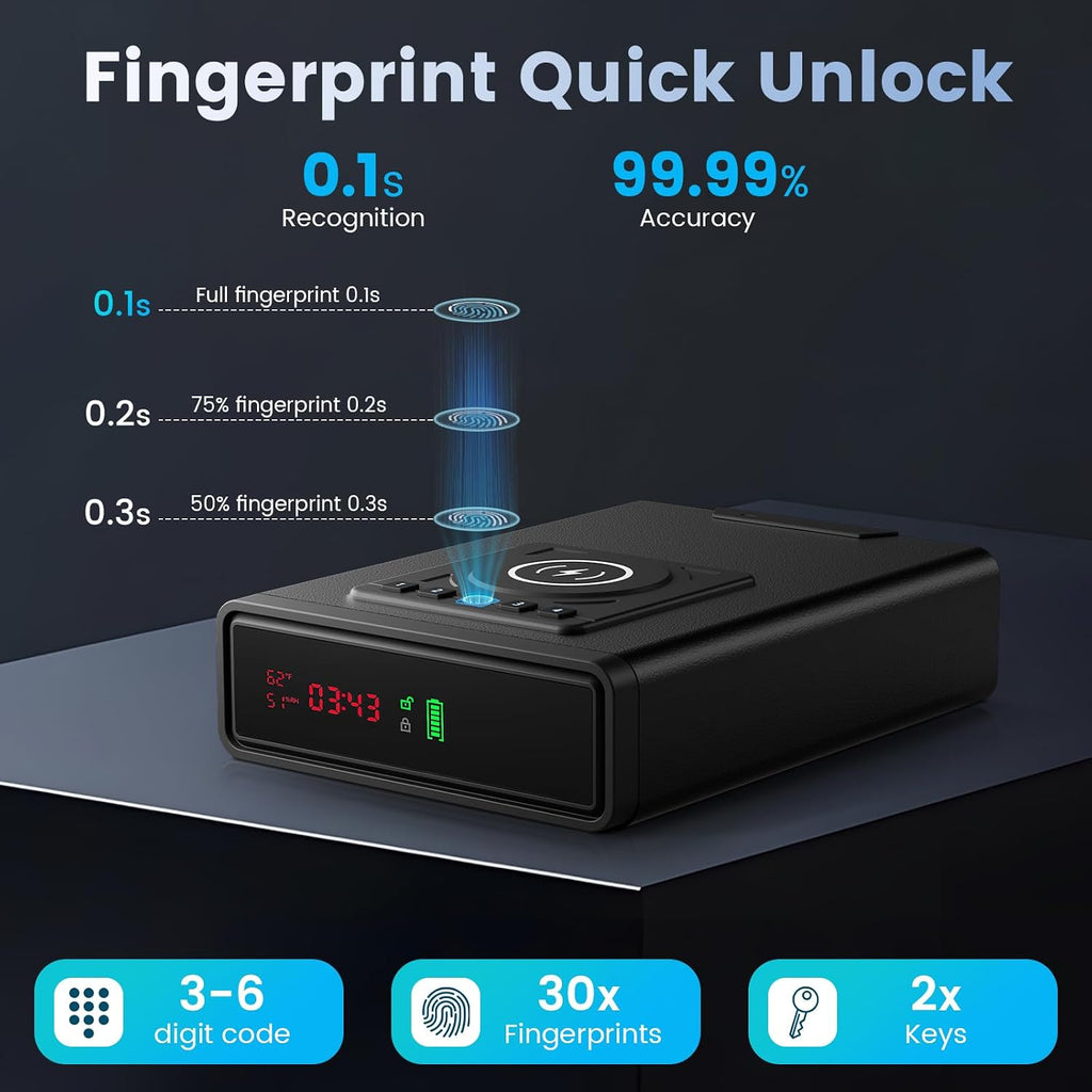 XDeer Biometric Gun Safe for Handgun with Wireless Charging. Quick Access Fingerprint Gun Safes. Bedside Pistol Case. 7/24 Digital Alarm Clock Small safe 1PCS