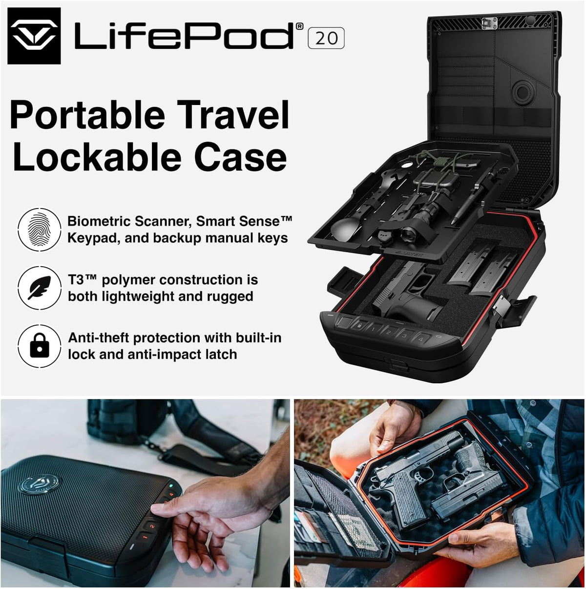 VAULTEK LifePod 20 Full-Size Biometric Lockable Weatherproof Case with Built-in Lock. Steel Security Cable. & TSA Handgun Case or Car Safe. Portable Travel Pistol Safe/Covert Black/Biometric